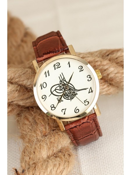 Kahverengi Deri Kordonlu Rose Renk Metal Kasa Osmanlı Tuğralı Erkek Saat Kahverengi Deri Kordonlu Rose Renk Metal Kasa Osmanlı Tuğralı Erkek Saat